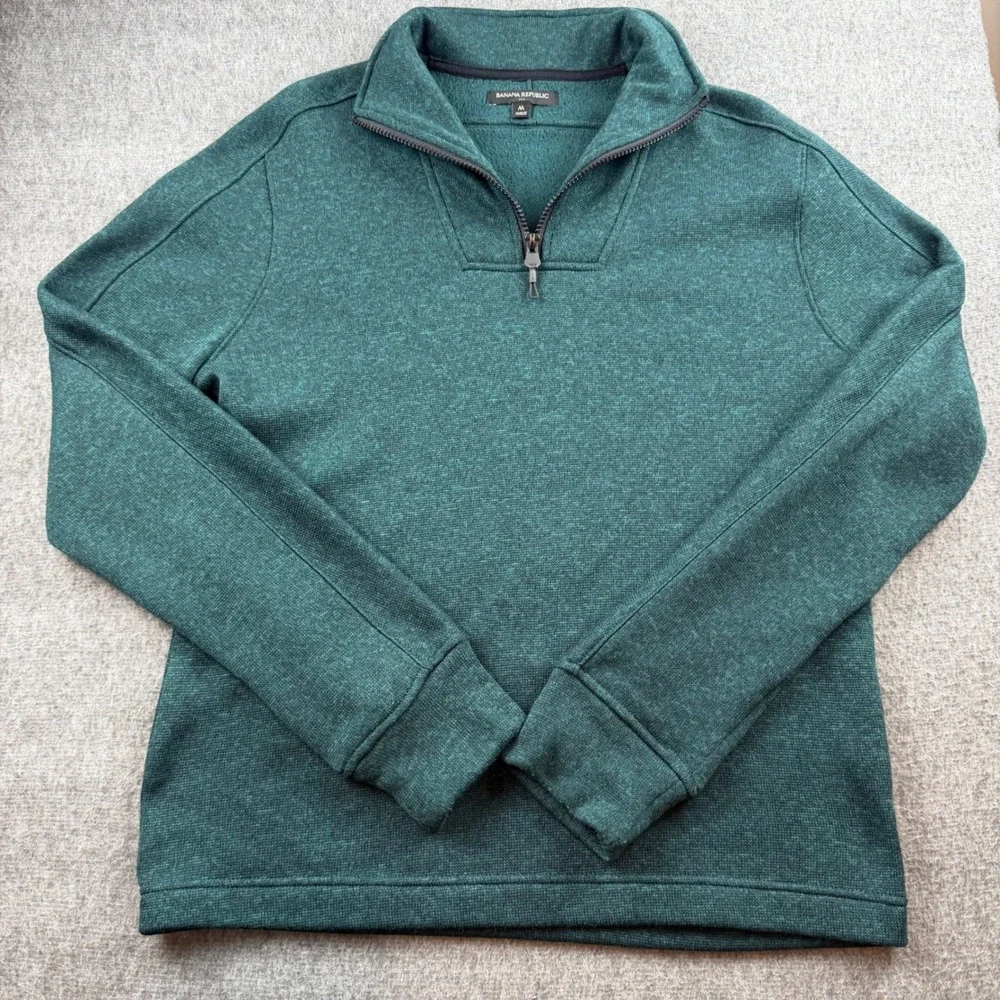 Banana Republic‎ Quarter Zip Pullover Mens Size M Green Marled Fleece Sweater